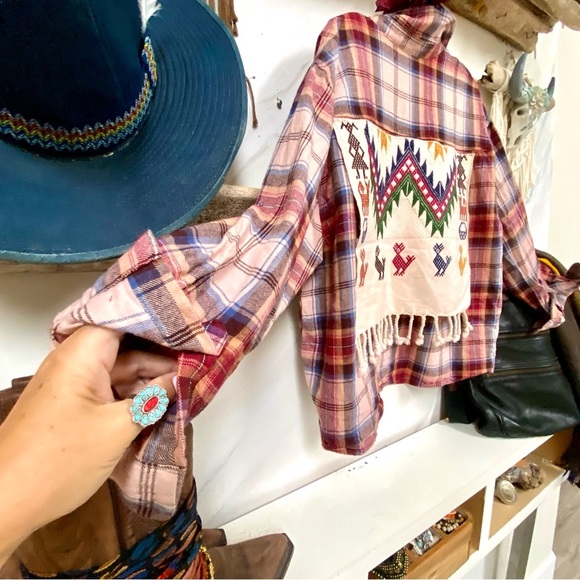 Upcycled Navajo FRINGE flannel shirt w cabin southwestern vibe - Picture 5 of 12